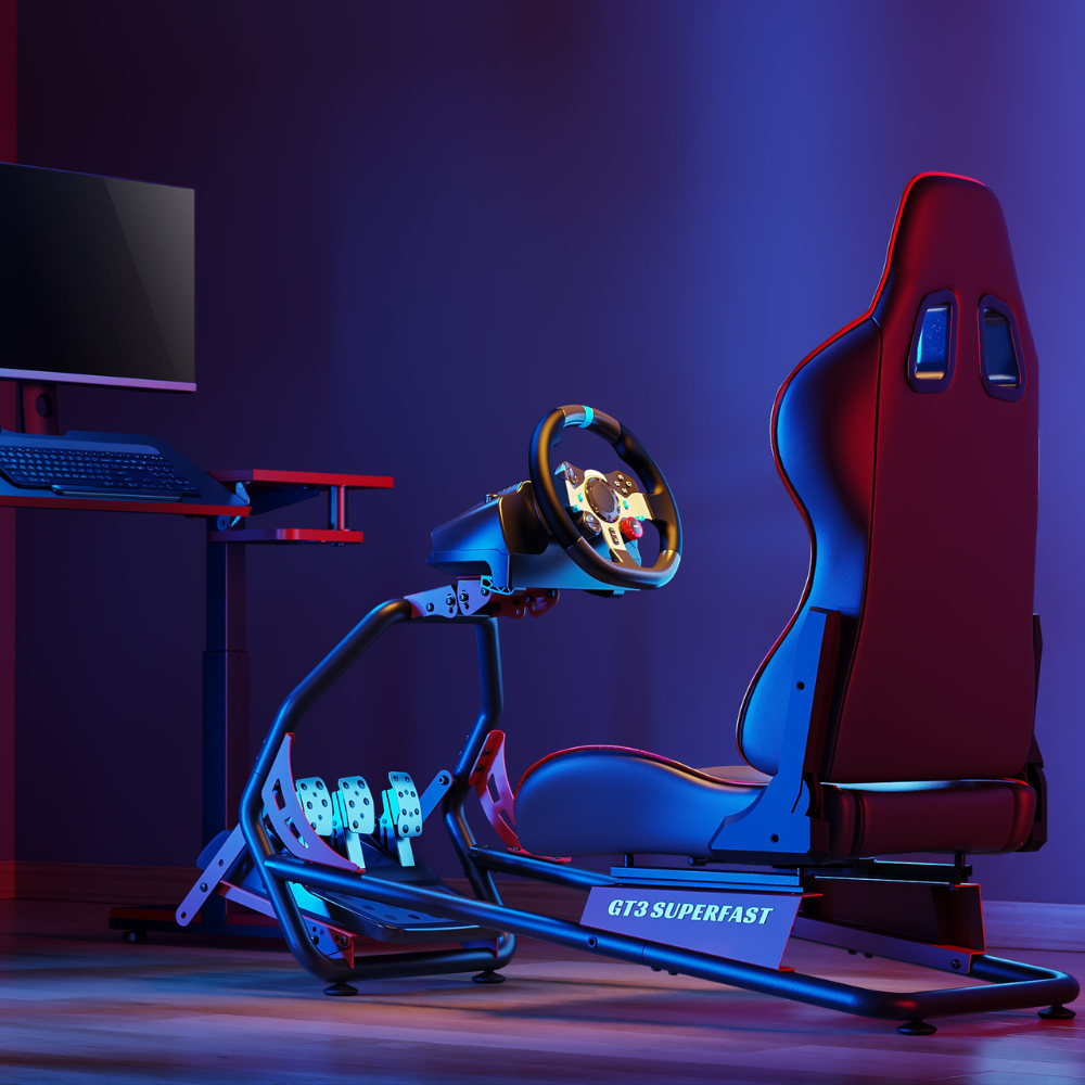 Racing simulator cockpit with steering wheel and gaming seat lit in blue and red